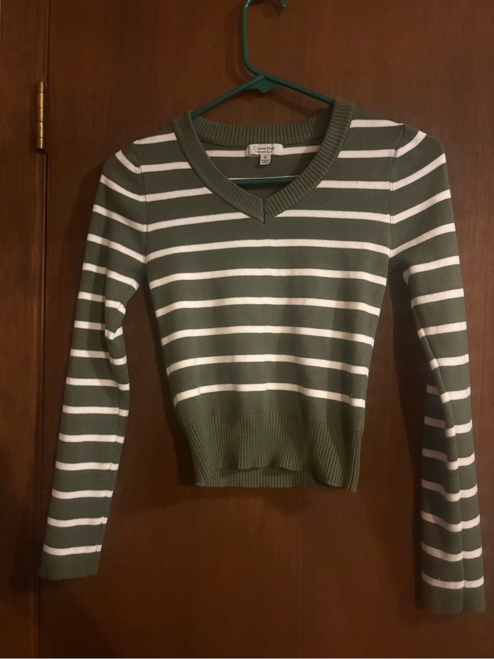 Striped Olive & Cream V-Neck Cropped Sweater - Women